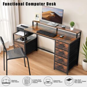 TOPSKY Compact Computer Desk with Storage Shelf/Cloth File Drawer for Letter Size/Monitor Stand Study Table for Home Office (Rustic Brown, 61.6 inch)