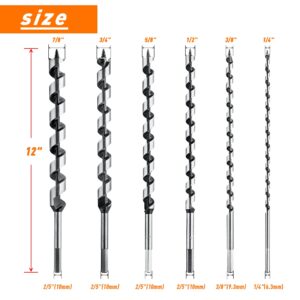 NICAVKIT 6Pcs 12-Inch Long Auger Drill Bit Set for Wood, 1/4"-7/8" Inch Hex Shank Ship Auger Drill Bit for Soft and Hard Wood, Plastic, Drywall and Composite Materials