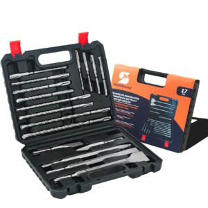 rotary hammer drill bits set & chisels- sds plus 17pcs concrete masonry hole tool with storage case for concrete, stone, brick