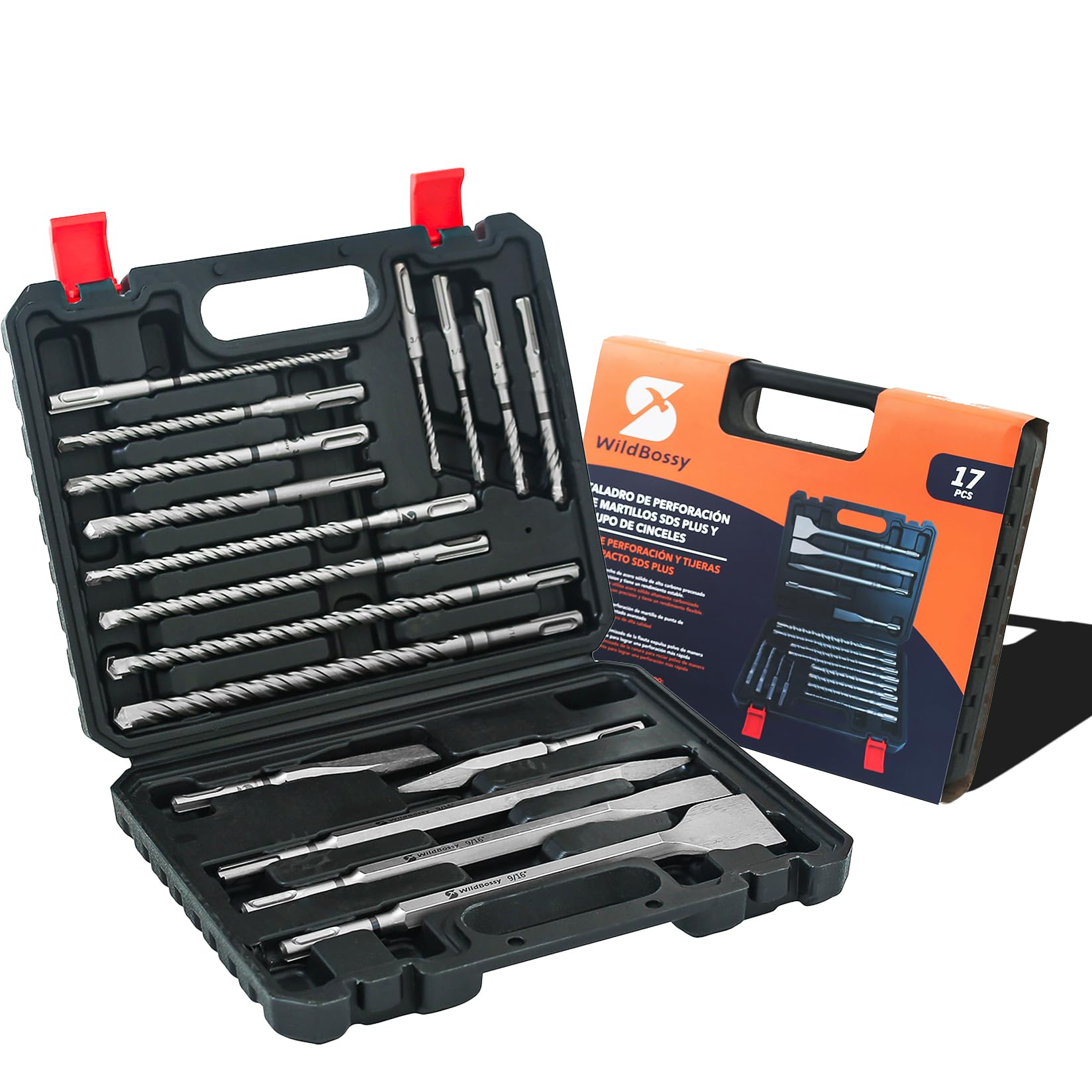 Rotary Hammer Drill Bits Set & Chisels- SDS Plus 17PCS Concrete Masonry Hole Tool with Storage Case for Concrete, Stone, Brick