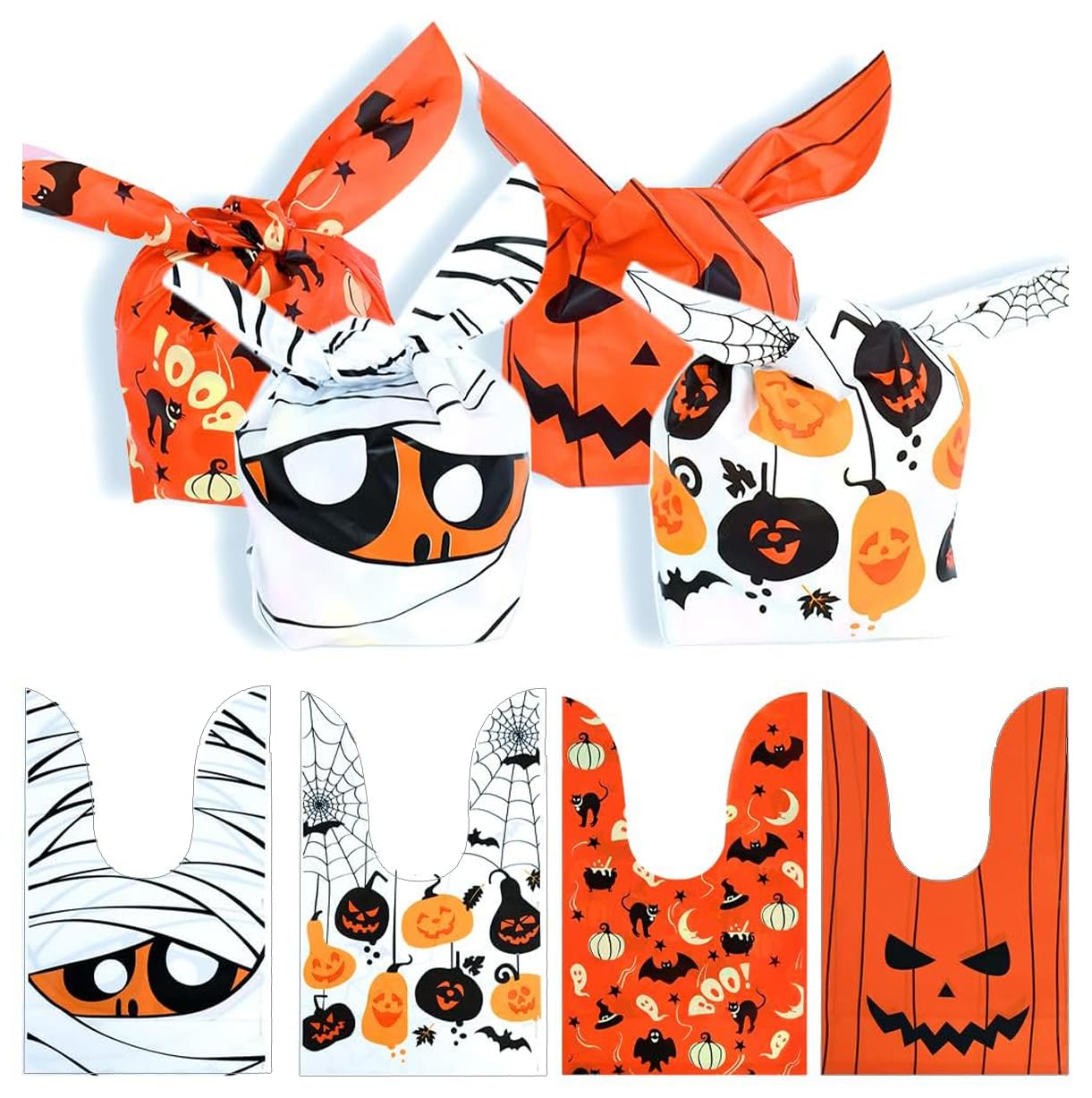 KOCOVIMI 100Pcs Halloween Trick or Treat Bags, 4 Style Patented Appearance Halloween Candy Bags for Kids, Cute Rabbit Ear Halloween Treat Bags Goody Bags Cookie Bags for Halloween Party