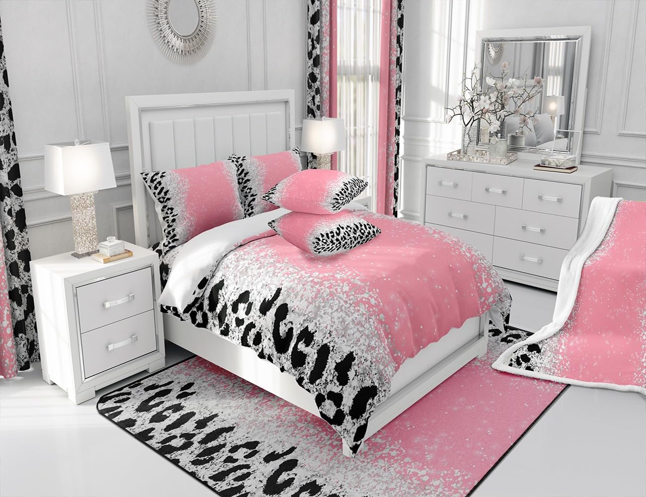 Ombre Pink (Not Glitter) Bedding Set Twin Size Pink Black Leopard Glitter 100% Cotton Duvet Cover Glam Glitter Art Prints Comforter Cover Black Leopard Silver Shiny Glitter Bedspread Cover 2Pcs