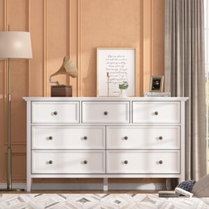 IKENO White 7 Drawer Dresser for Bedroom, Modern Solid Wood Large Storage Cabinet, Simple White Chest of Drawer for Bedroom Living Room Hallway Entryway (White)