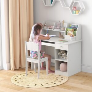 Giantex Kids Study Desk, Children Wooden Computer Desk with Hutch, Bookshelf, Keyboard Tray, Drawer, Storage Shelves, Student Writing Table Computer Workstation for Home School Use, White