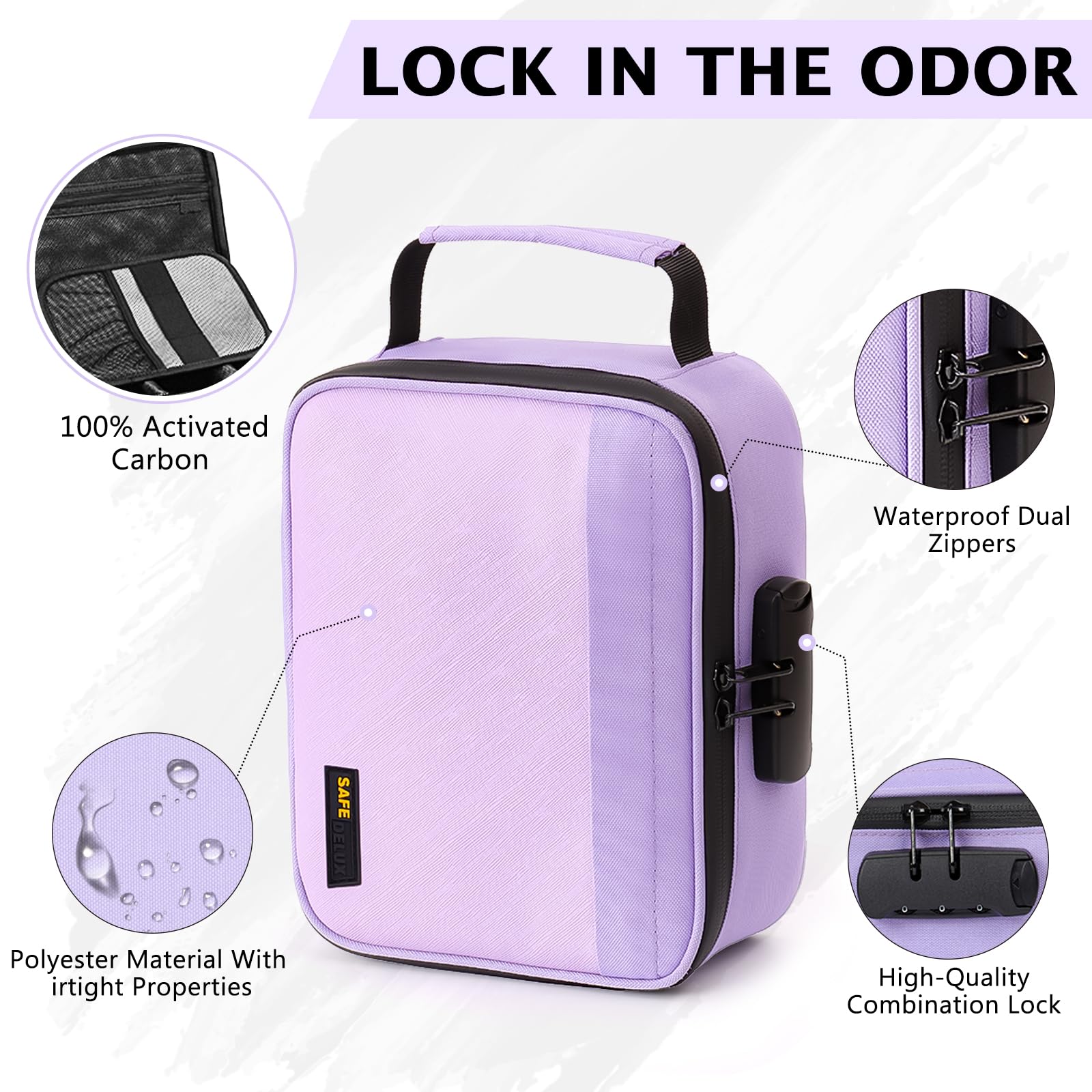 SafeDelux Storage Bag With Combination Lock, Carbon Lining Locking Storage Bag Lockable Organizer Cases Removable Dividers Water Resistant Zipper Great Choice for Travel (Purple)