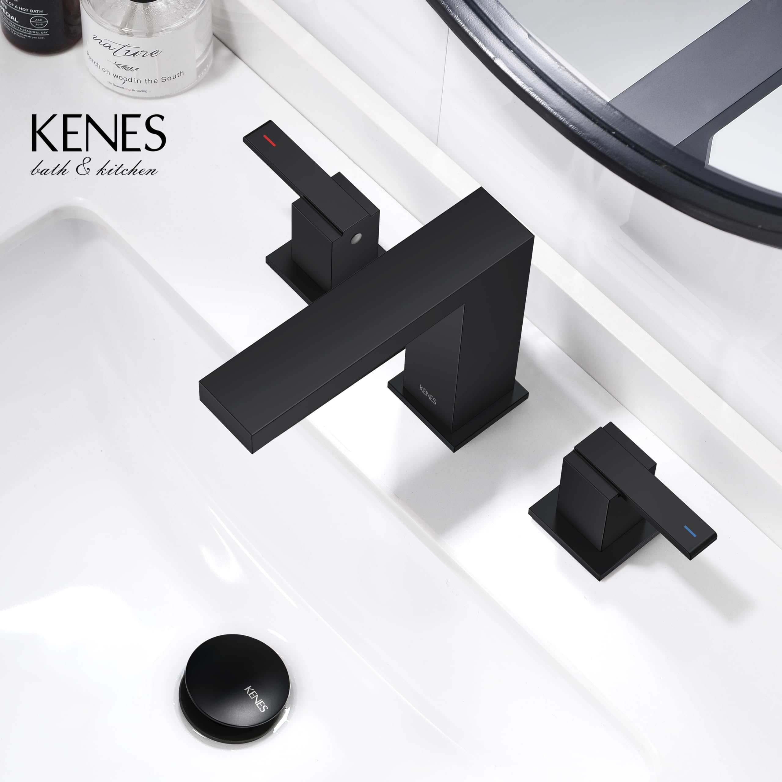 KENES Black Widespread Bathroom Faucet 3 Hole Bathroom Sink Faucet Matte Black Two Handle, 8-Inch 3 Pieces Bathroom Vanity Faucet with Pop Up Drain & Supply Lines, KE-9050-2-P