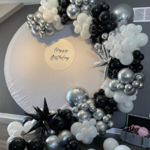 Black and Silver Balloons, 60pcs 12 Inches Black White Silver Confetti Balloons with 1 Ribbon for Birthday, Baby Shower, Wedding, and Silver Theme Party Decoration