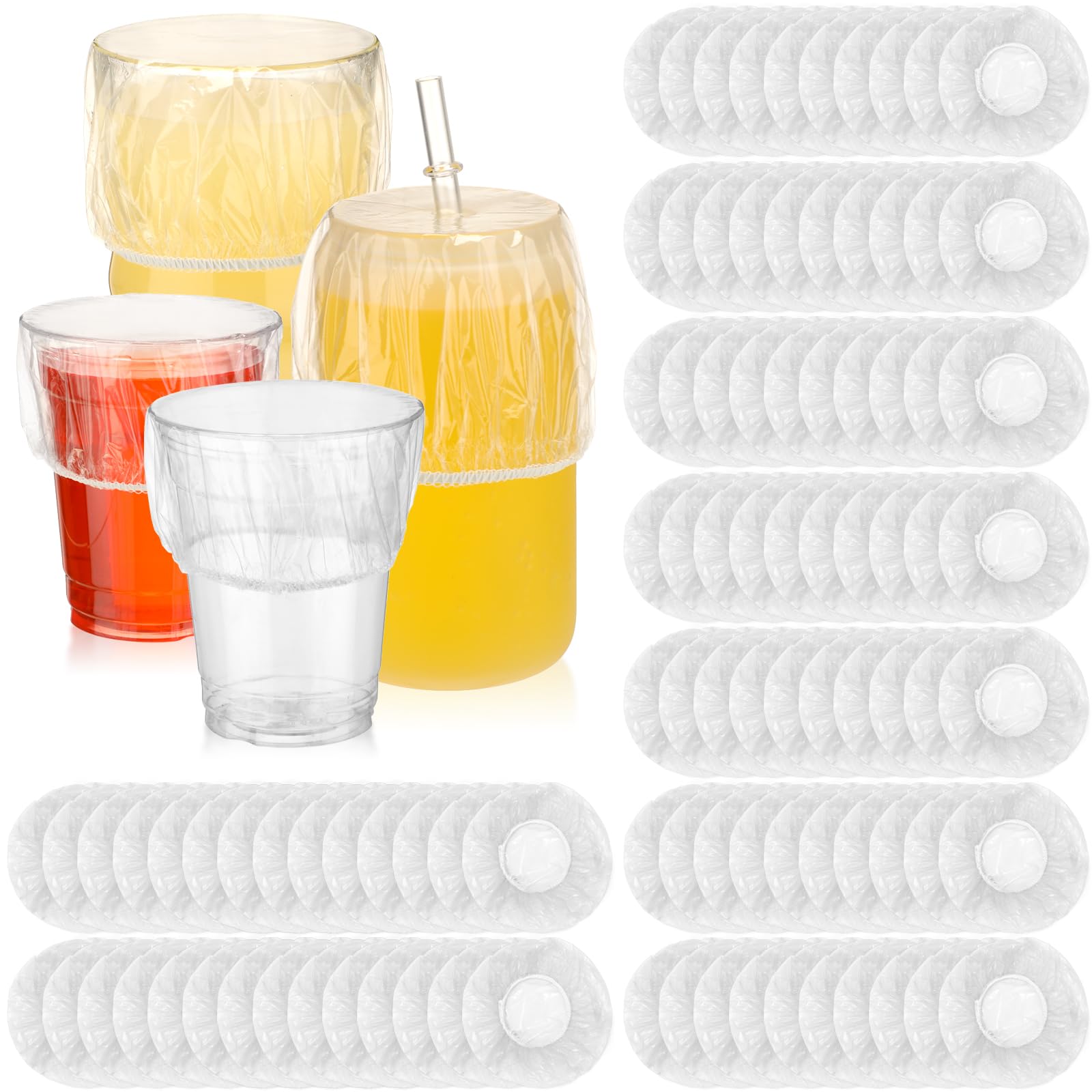 Baderke 100 Pcs Scrunchie Drink Covers Bulk Disposable Plastic Covers for Cups Covers for Drinks Protection Covers for Christmas Bar Club Adult Drink Beverage Stretchable (Clear)