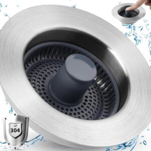 3 in 1 Universal Kitchen Sink Stopper Strainer, 304 Stainless Steel Pop Up Sink Drain Strainer with Handle Rod for US Standard 3-1/2 inch Drain Filter, Anti-Clog