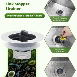 Kitchen Sink Strainer Stopper Combo 3-in-1 Pop Up Kitchen Sink Drain with Upgrade Folded Handle, for US Standard 3-1/2 inch Drain Filter, Chrome Stainless-Wraped Shell, Anti-Clog