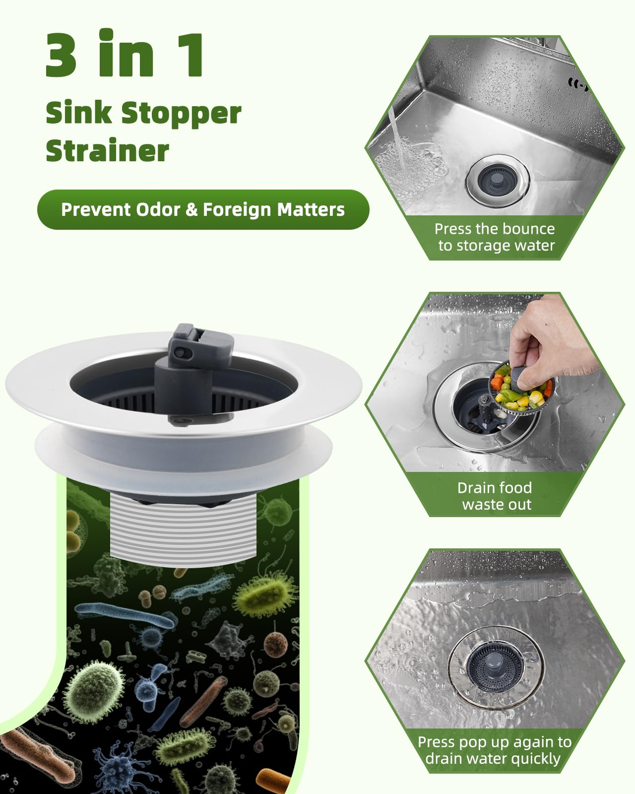 Kitchen Sink Strainer Stopper Combo 3-in-1 Pop Up Kitchen Sink Drain with Upgrade Folded Handle, for US Standard 3-1/2 inch Drain Filter, Chrome Stainless-Wraped Shell, Anti-Clog