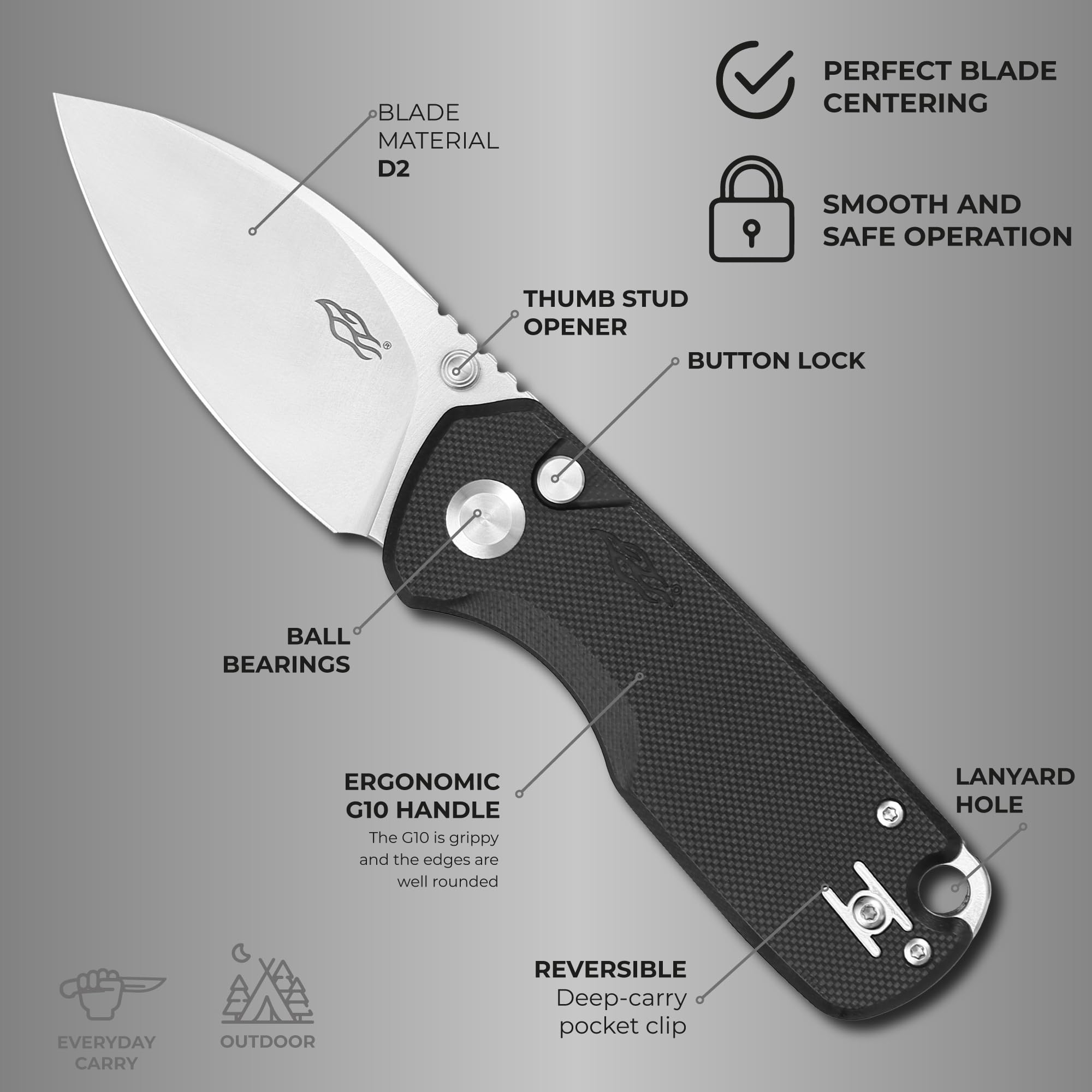 Firebird GANZO FH925-BK Small Pocket Folding Knife Button Lock D2 Steel Blade G10 Anti-Slip Handle with Clip Camping Outdoor EDC Utility Knife Best Gift for Men Women (Black)