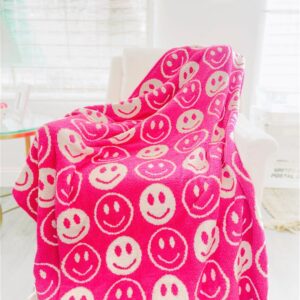 Happy Face Knitted Throw Blankets Reversible Soft Knit Blanket with Two-Toned Cute Pattern Bed Throws Fuzzy Kids Blanket Warm Cozy for Home Couch Sofa (Rosy)