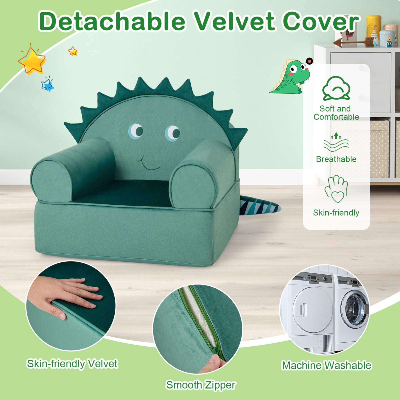 Costzon Kids Couch, Children's Sofa Armchair with Washable Velvet Cover & Soft Sponge Filling, Upholstered Sofa Chair for Boys Girls, Preschool Bedroom Playroom Gift Presents, Toddler Couch (Dinosaur)