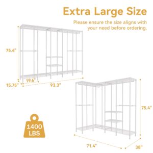 Higeego H5 Extra Large Heavy Duty Clothes Rack, Wire Garment Rack,Large Wardrobe Closet, Freestanding Closet Rack for Hanging Clothes, Clothing Rack with Adjustable Shelf, 93.3" Lx15.7 Wx75.4 H,White