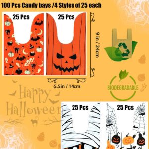 KOCOVIMI 100Pcs Halloween Trick or Treat Bags, 4 Style Patented Appearance Halloween Candy Bags for Kids, Cute Rabbit Ear Halloween Treat Bags Goody Bags Cookie Bags for Halloween Party