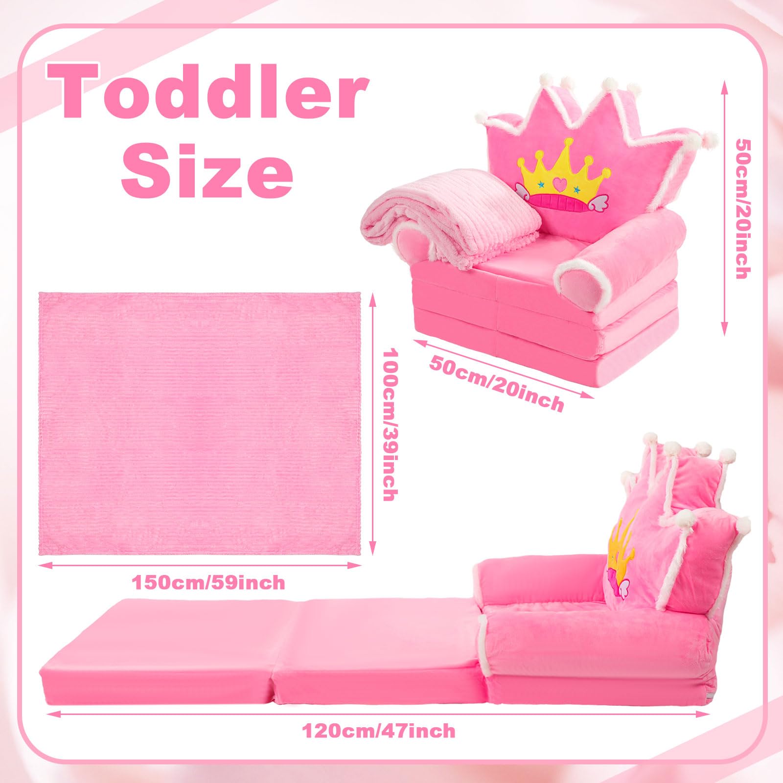 Burbell Toddler Couch 2 in 1 Soft Princess Kids Fold Out Couch with Flannel Blanket Comfy Sofa Bed Toddler Recliners Baby Sofa Bedroom Lounger for Kids 1-3(Pink)