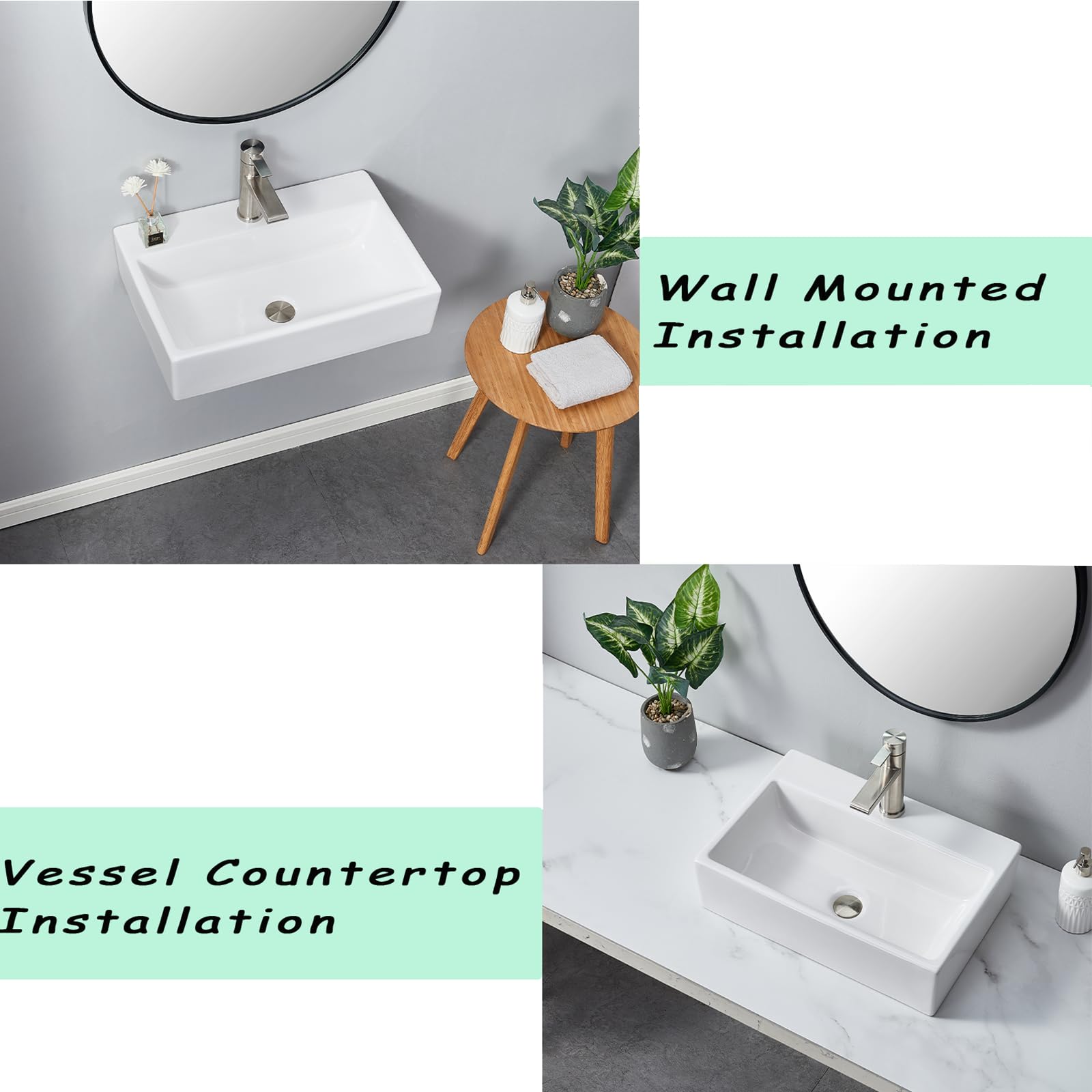 VCCUCINE Contemporary 21"x14" Porcelain Ceramic Wall Mounted Bathroom Vessel Sink,Modern White Floating or Countertop Rectangle Lavatory Art Basin with Faucet Hole Vanity Sink