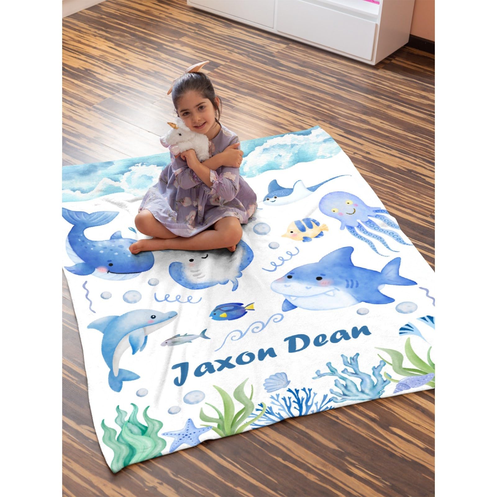 Custom Baby Marine Life Blanket Soft Lightweight Personalized Name Blankets Warm Cozy Plush Throw Blanket for Couch Bed Sofa Personalized Gifts S 40×50in for Kids/Child