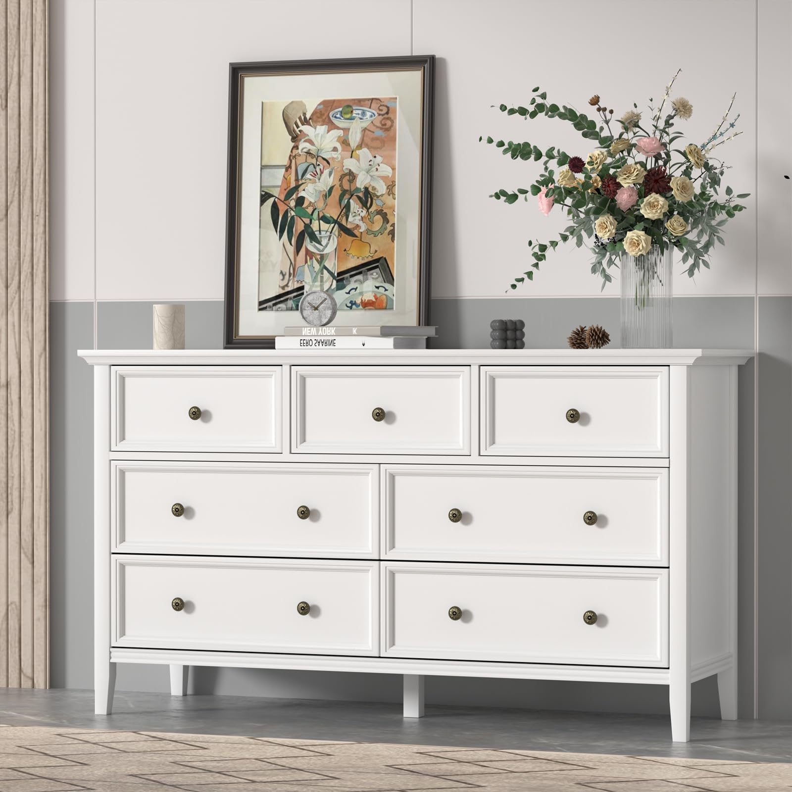 IKENO White 7 Drawer Dresser for Bedroom, Modern Solid Wood Large Storage Cabinet, Simple White Chest of Drawer for Bedroom Living Room Hallway Entryway (White)