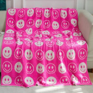 happy face knitted throw blankets reversible soft knit blanket with two-toned cute pattern bed throws fuzzy kids blanket warm cozy for home couch sofa (rosy)