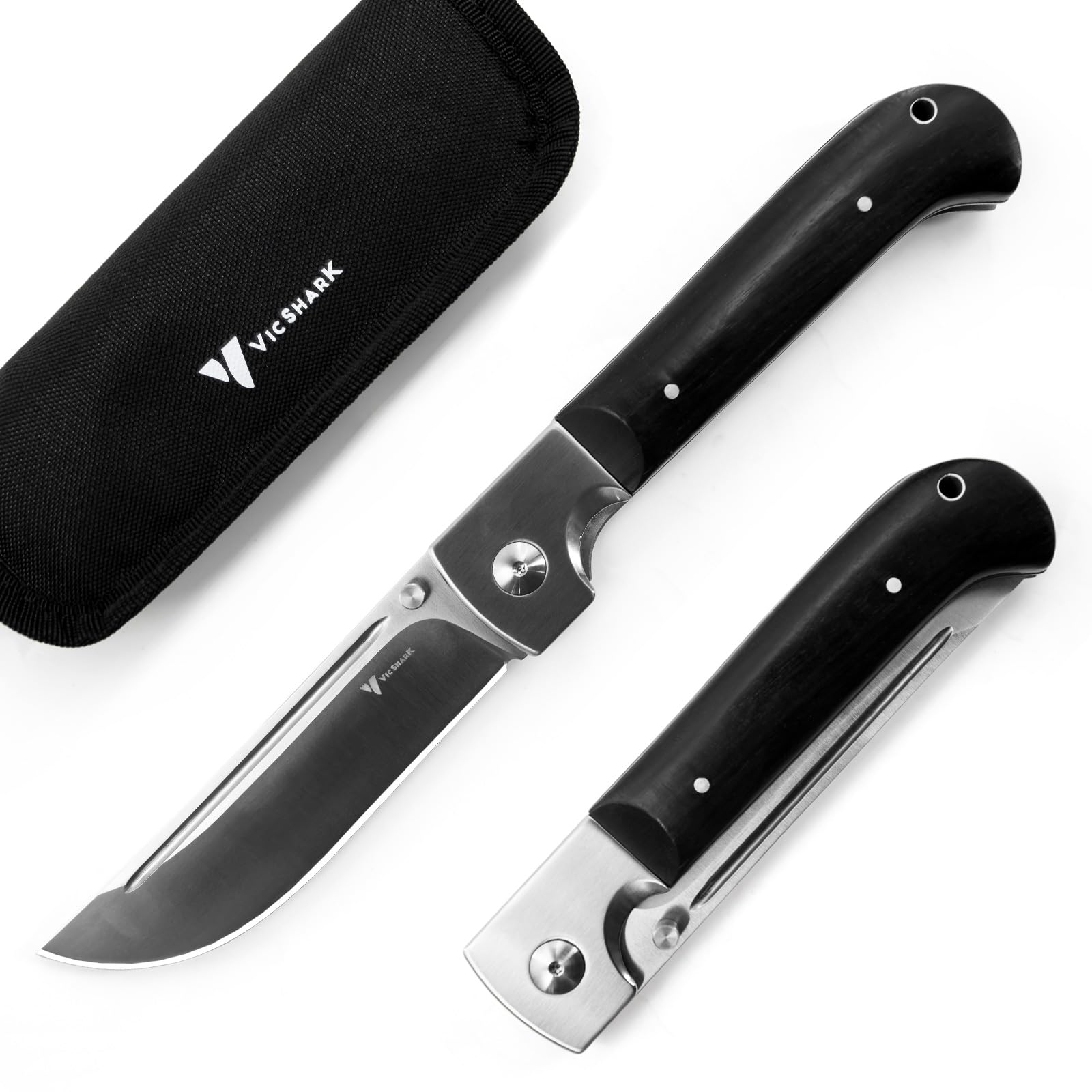 VicShark Pocket Knife, Hunting knives knives for men D2 Steel Blade Ebony Handle EDC Knife with Pocket Sharp Camping Survival Hiking Knives With Keychain