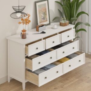 IKENO White 7 Drawer Dresser for Bedroom, Modern Solid Wood Large Storage Cabinet, Simple White Chest of Drawer for Bedroom Living Room Hallway Entryway (White)