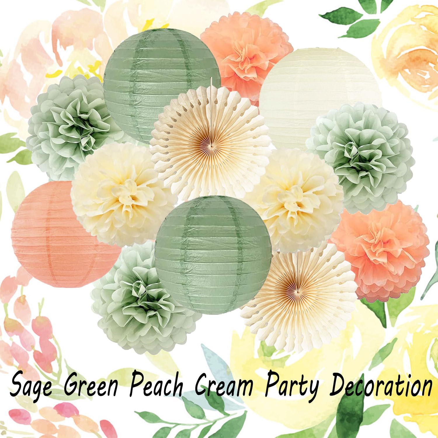 Sage Green Party Decorations Sage Cream Peach Tissue Paper Pom Poms Paper Lanterns Paper Fans for Neutral Birthday Baby Shower Bridal Shower Wedding Engagement Party Decoration