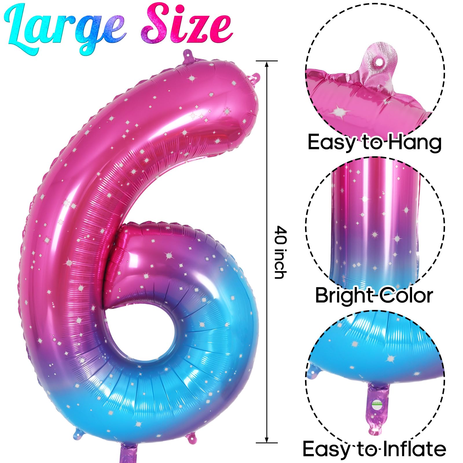 Pink Blue Number 6 Balloon, Large Foil Helium Gradient Rainbow Number Balloons, Big Mylar Number 6 Balloons for 6 Year Old Birthday Party Decorations Supplies Anniversary