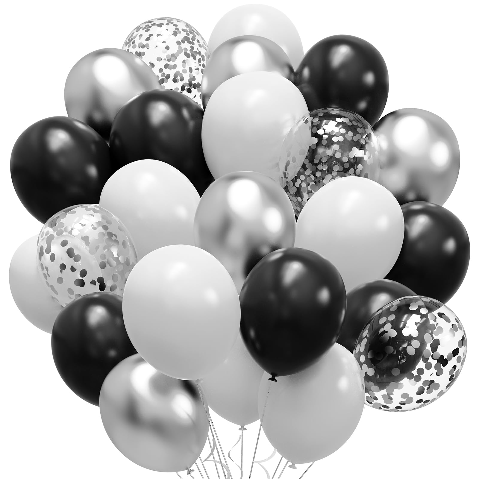 Black and Silver Balloons, 60pcs 12 Inches Black White Silver Confetti Balloons with 1 Ribbon for Birthday, Baby Shower, Wedding, and Silver Theme Party Decoration