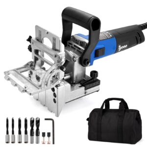 igooo dual-spindle doweling jointer dj710, 710w 120v 60hz, wood plate dowel joiner, 2x10mm, 2x8mm and 2x6mm drilling bits, 90 dowels