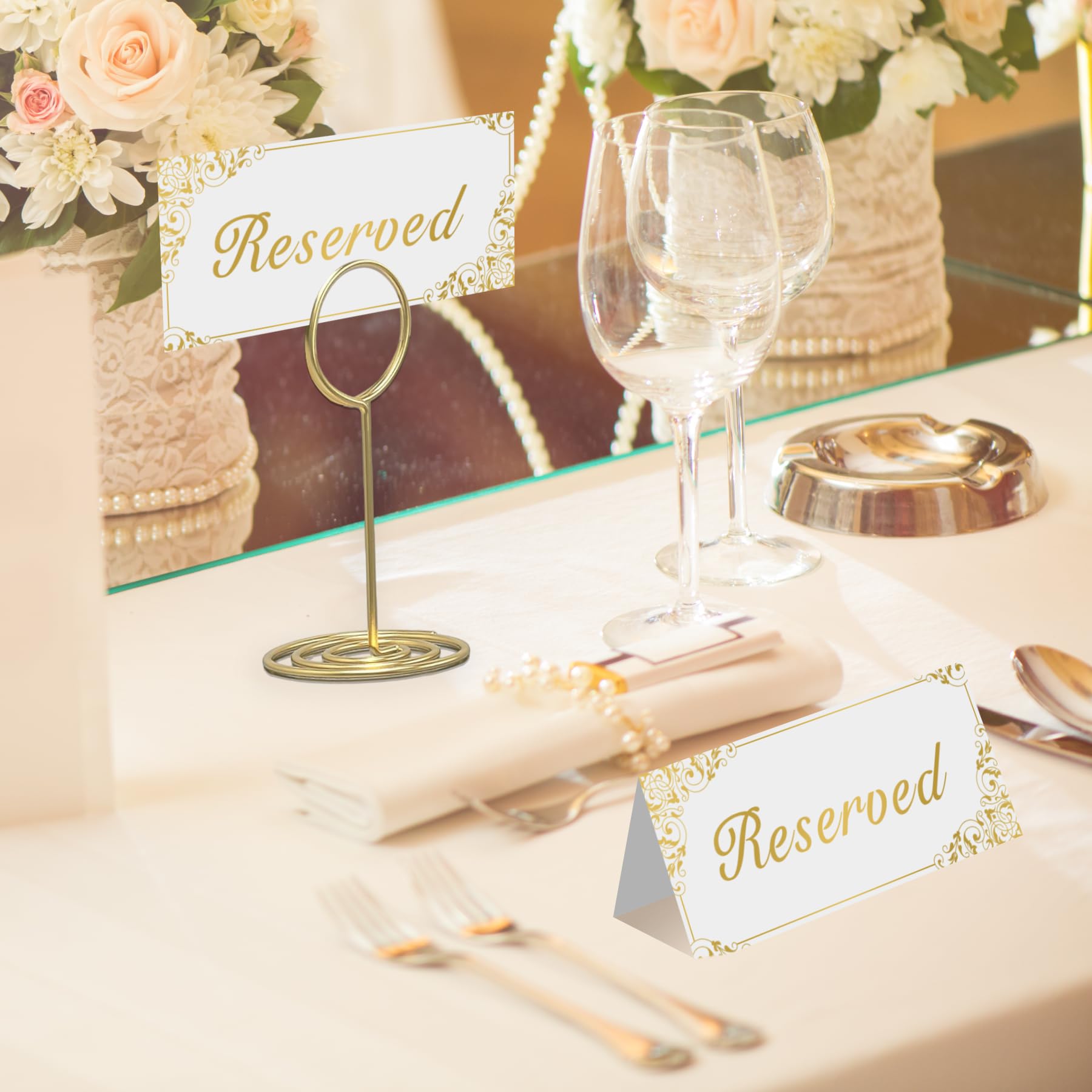 18 Pack Gold Reserved Table Signs for Wedding Party Restaurant - Double Sided Gold Reserved Signs for Tables Chairs - White Paper Reserved Table Tent Card - Wedding Accessories- Place Cards for Event