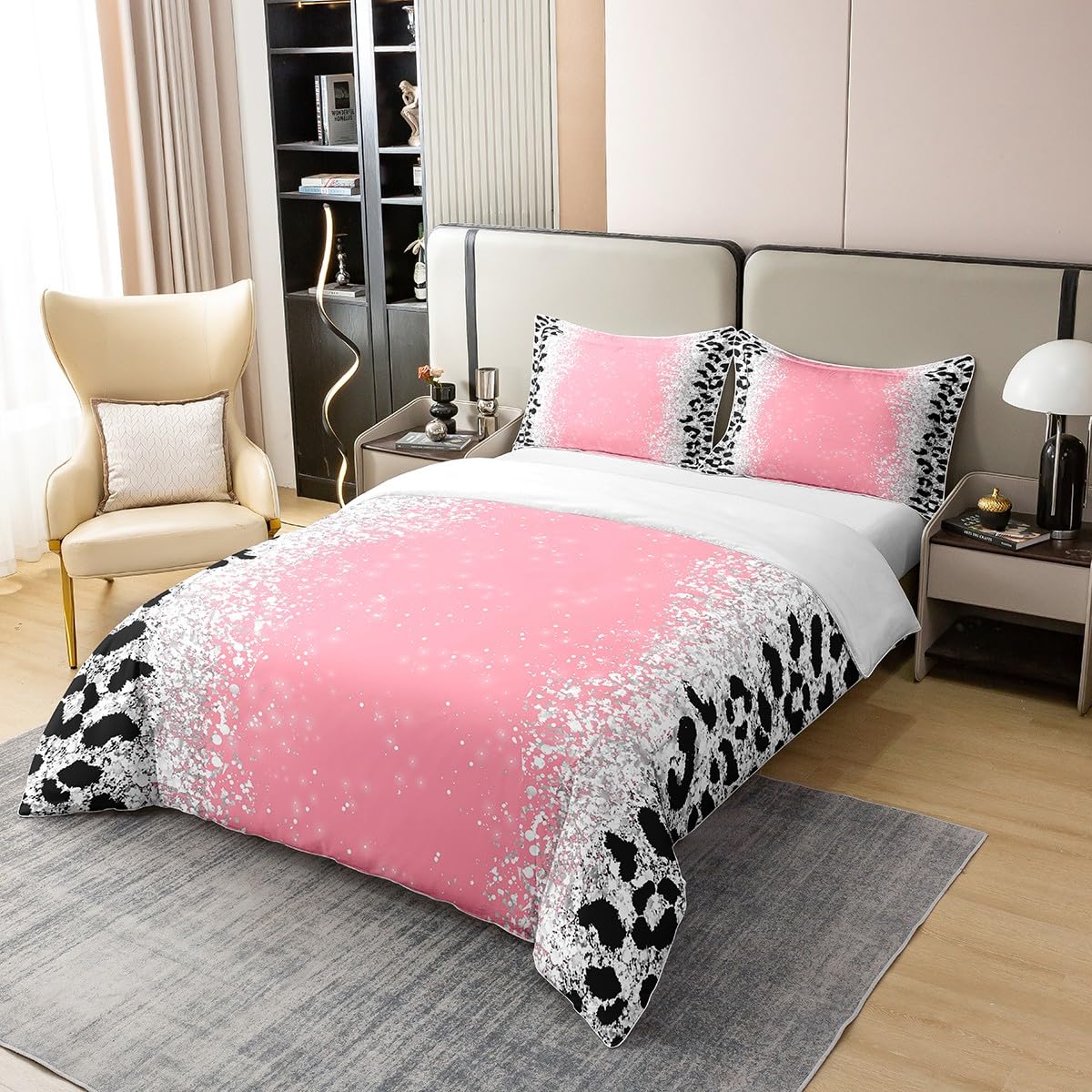 Ombre Pink (Not Glitter) Bedding Set Twin Size Pink Black Leopard Glitter 100% Cotton Duvet Cover Glam Glitter Art Prints Comforter Cover Black Leopard Silver Shiny Glitter Bedspread Cover 2Pcs