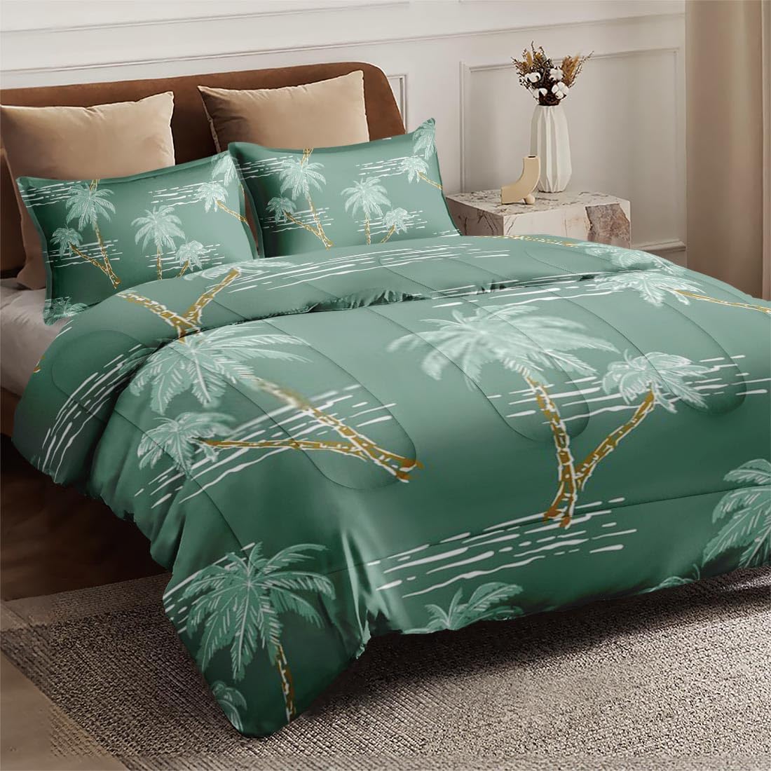 Pinbeam Comforter Set Queen Size, Palm Tree Ocean Retro Soft Bedding Set for Kids and Adults Bedroom Bed Decor, Green Mint Plant Comforter Set with 2 Pillowcases