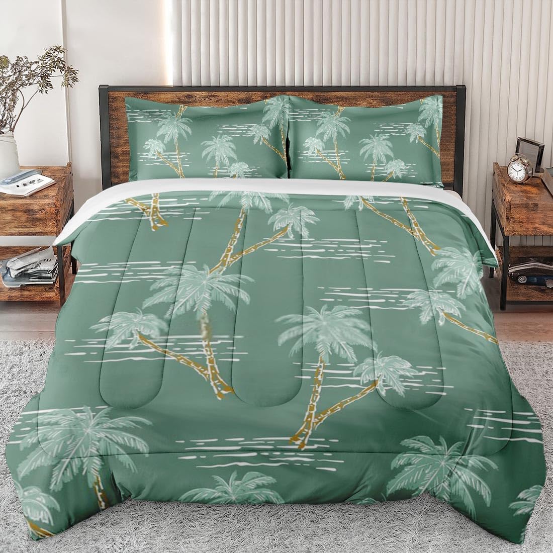 Pinbeam Comforter Set Queen Size, Palm Tree Ocean Retro Soft Bedding Set for Kids and Adults Bedroom Bed Decor, Green Mint Plant Comforter Set with 2 Pillowcases