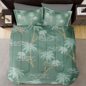 Pinbeam Comforter Set Queen Size, Palm Tree Ocean Retro Soft Bedding Set for Kids and Adults Bedroom Bed Decor, Green Mint Plant Comforter Set with 2 Pillowcases