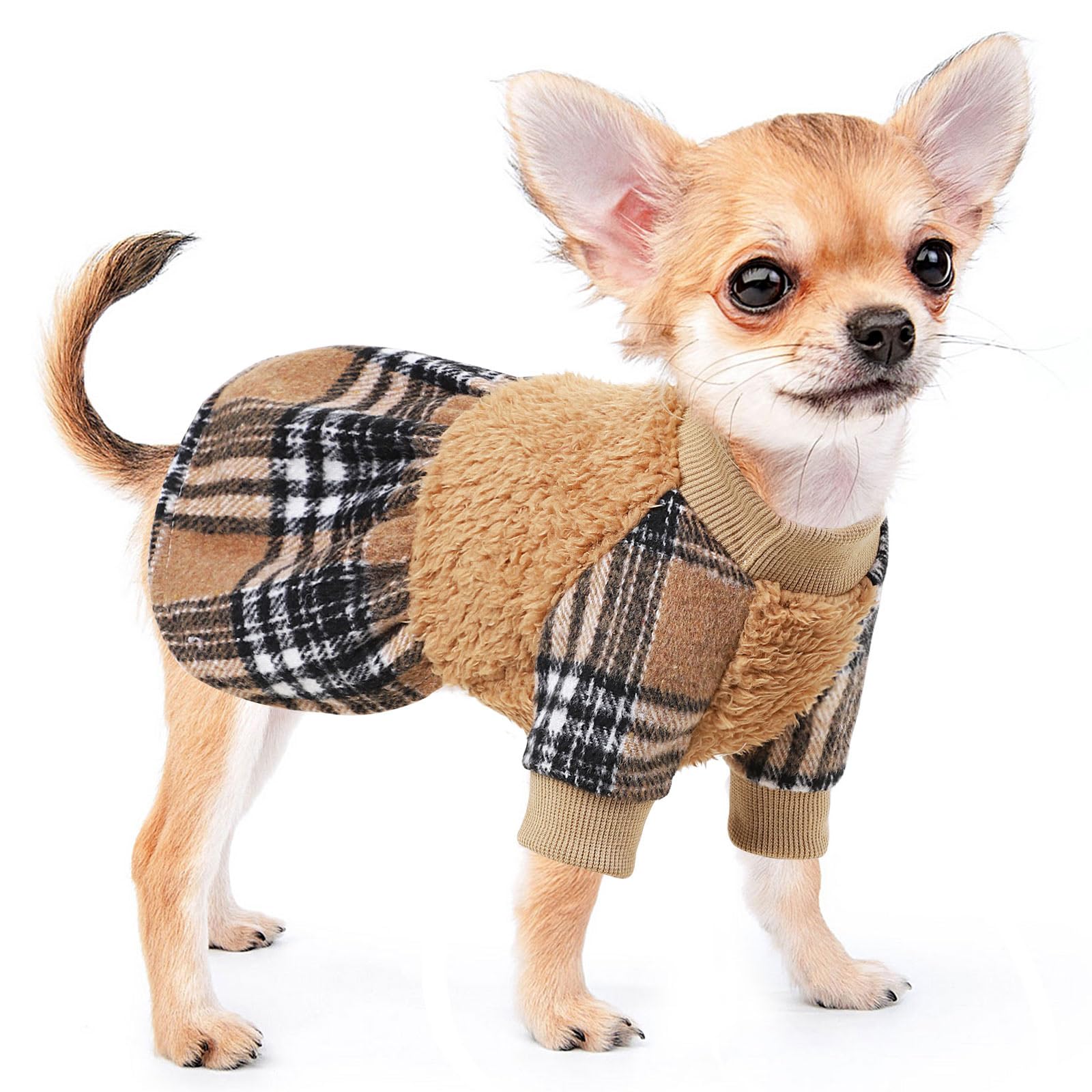 Kosiyi Dog Clothes for Small Dogs Girl Winter Dog Sweater Dress, Warm Fleece Princess Plaid Dog Sweater for Small Dogs Girl Boy, Shih Tzu Pet Festival Outfits Apparel, M, Khaki