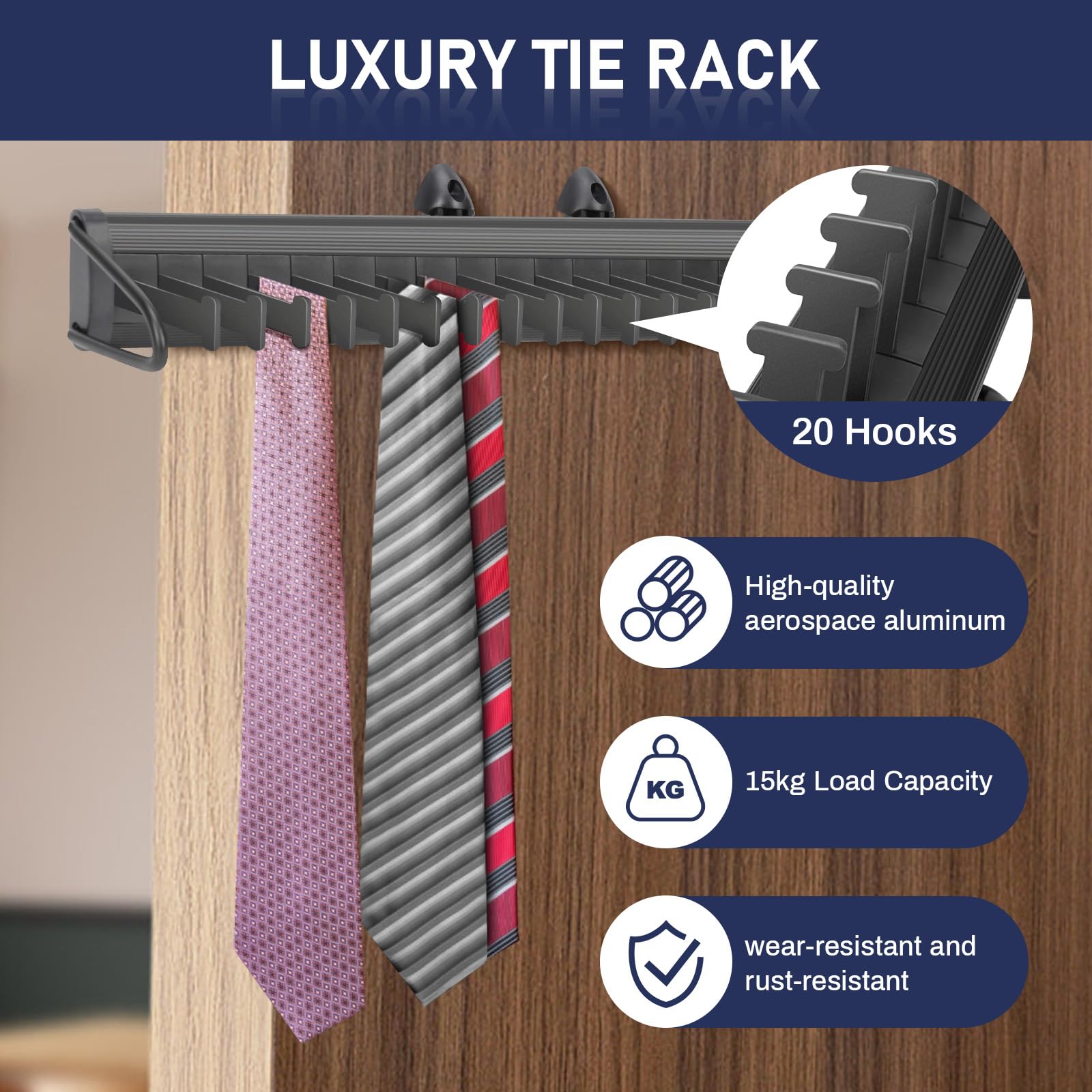 Sliding Tie Racks for Closet, 20 Tie Hanger Pull Out Tie and Belt Rack Storage Organizer with Slider, Aluminum Alloy Side Mount Closet Holder Hanger Rail with 20 Hooks for Scarves Ties Belts Shawls