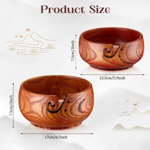 Wenqik 2 Pieces Wooden Yarn Bowl 5.9'' x 3'' and 6.7'' x 3'' Knitting Yarn Bowl with Holes Yarn Holder Yarn Basket Crocheting Accessories Kit Organizer for DIY Handmade Christmas (Dark Wood Color)