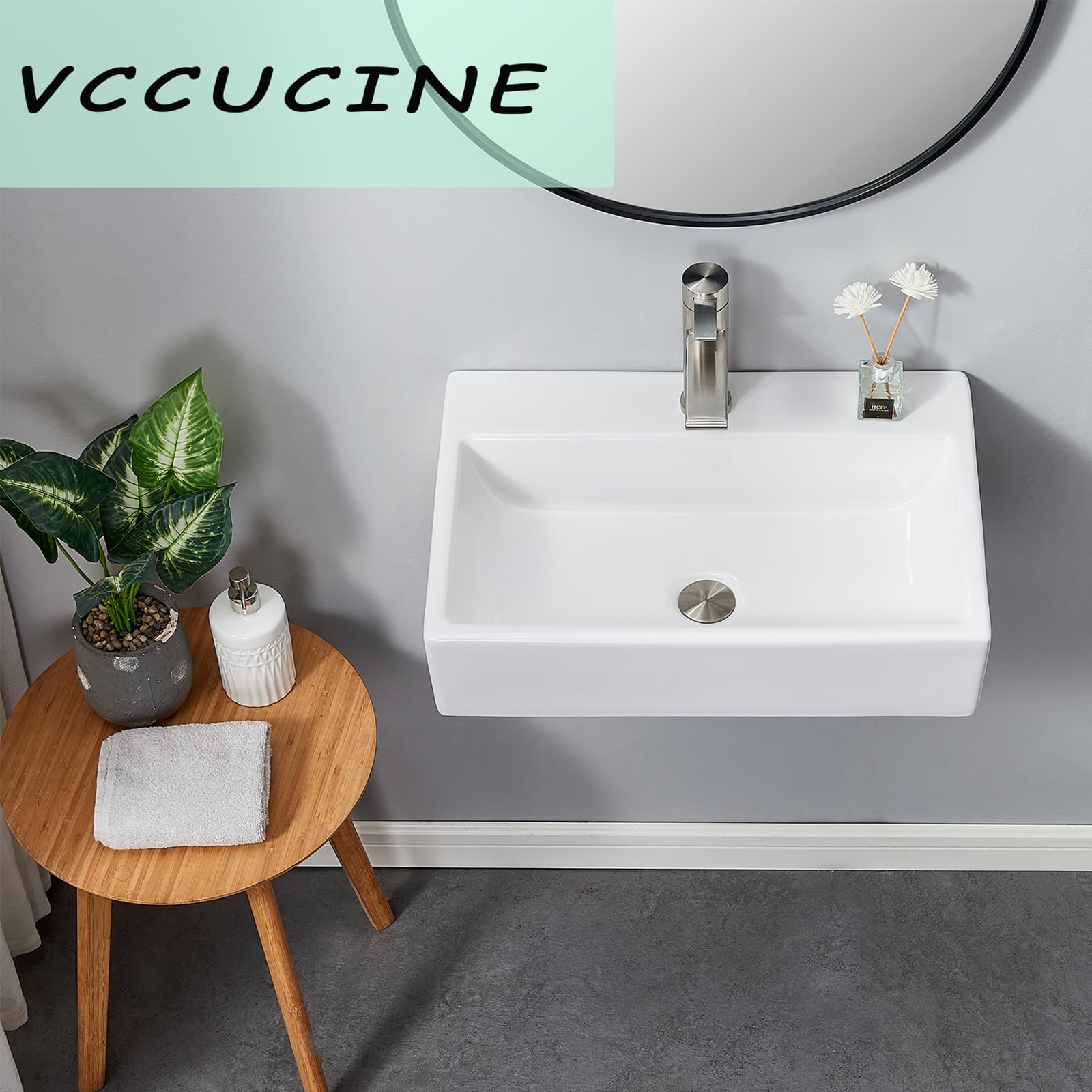 VCCUCINE Contemporary 21"x14" Porcelain Ceramic Wall Mounted Bathroom Vessel Sink,Modern White Floating or Countertop Rectangle Lavatory Art Basin with Faucet Hole Vanity Sink