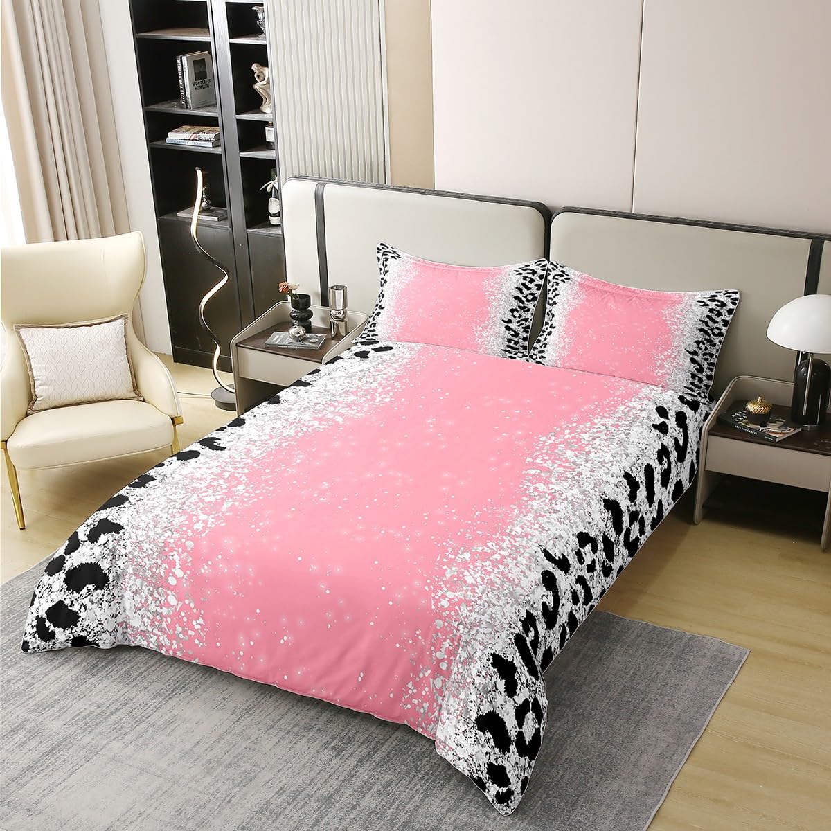 Ombre Pink (Not Glitter) Bedding Set Twin Size Pink Black Leopard Glitter 100% Cotton Duvet Cover Glam Glitter Art Prints Comforter Cover Black Leopard Silver Shiny Glitter Bedspread Cover 2Pcs