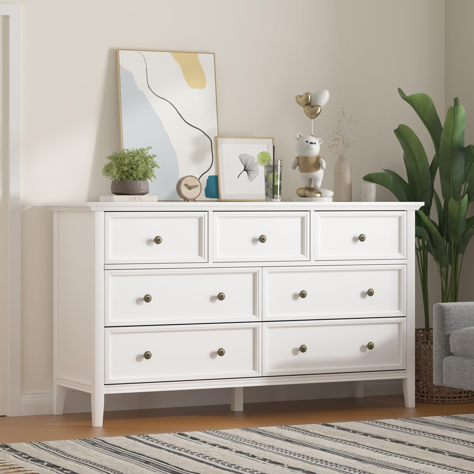 IKENO White 7 Drawer Dresser for Bedroom, Modern Solid Wood Large Storage Cabinet, Simple White Chest of Drawer for Bedroom Living Room Hallway Entryway (White)