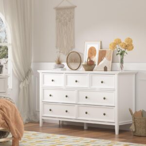 IKENO White 7 Drawer Dresser for Bedroom, Modern Solid Wood Large Storage Cabinet, Simple White Chest of Drawer for Bedroom Living Room Hallway Entryway (White)