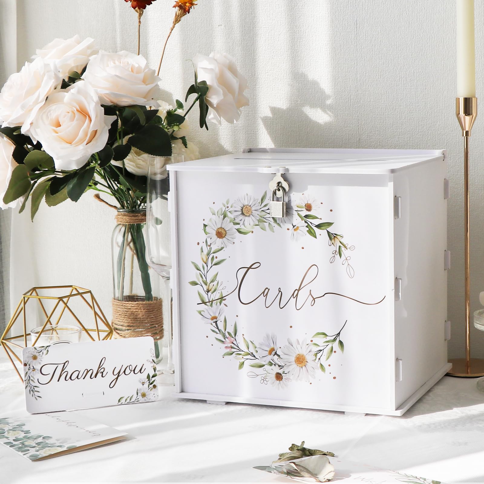 CYAOOI White Wedding Card Box with Lock, PVC Money Envelope Card Box for Wedding Reception, Daisy Pattern Gift Card Box Holder for Graduation Party Birthday Baby Shower Decorations