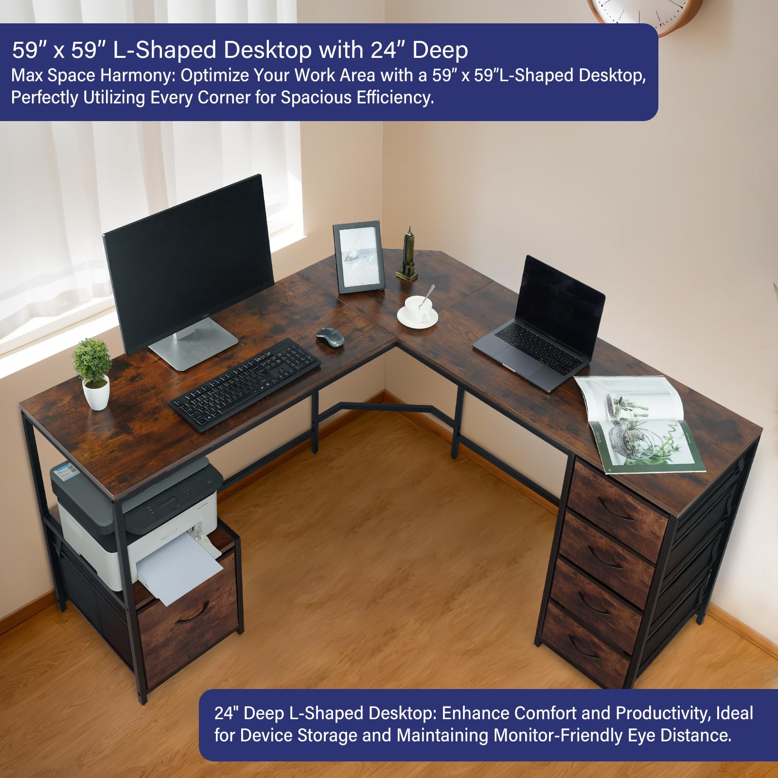 TOPSKY L-Shaped Desk Corner Computer Desk with 18.9" Depth Workstation, Cloth File Cabinet for Letter Size File Folder and 4 Cloth Storage Cabinets (Rustic Brown, 59 * 59 inch)