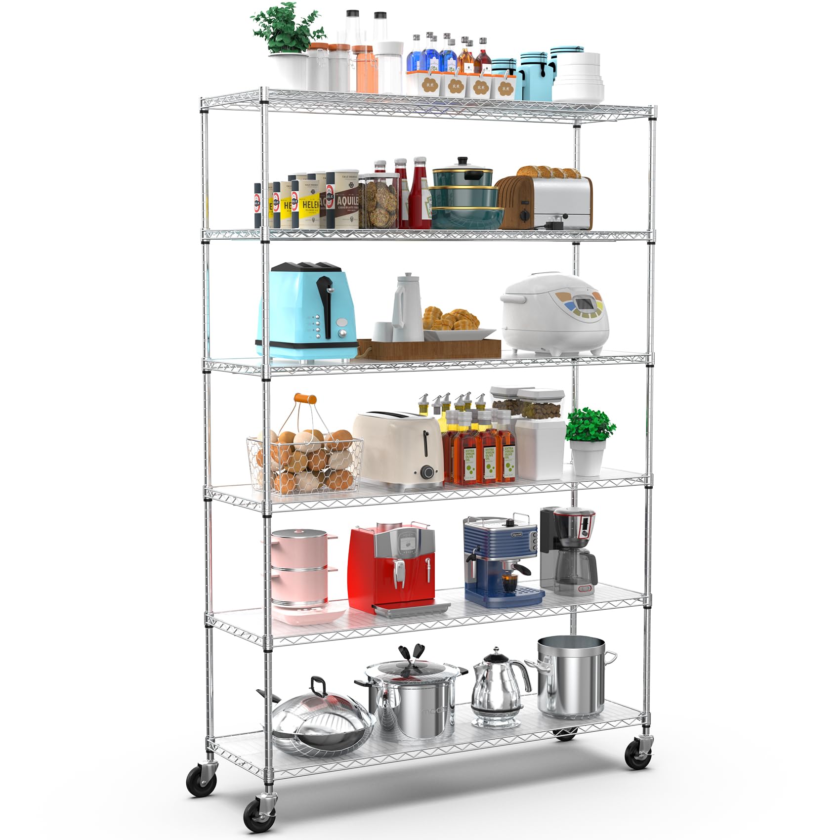 6 Tier NSF Wire Shelf Shelving Unit, 18 x 48 x 82 In 6000lbs Capacity Heavy Duty Adjustable Storage Metal Rack with Wheels/Leveling Feet & Shelf Liners, Ideal for Garage, Kitchen, and More - Chrome