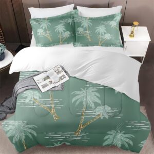 Pinbeam Comforter Set Queen Size, Palm Tree Ocean Retro Soft Bedding Set for Kids and Adults Bedroom Bed Decor, Green Mint Plant Comforter Set with 2 Pillowcases