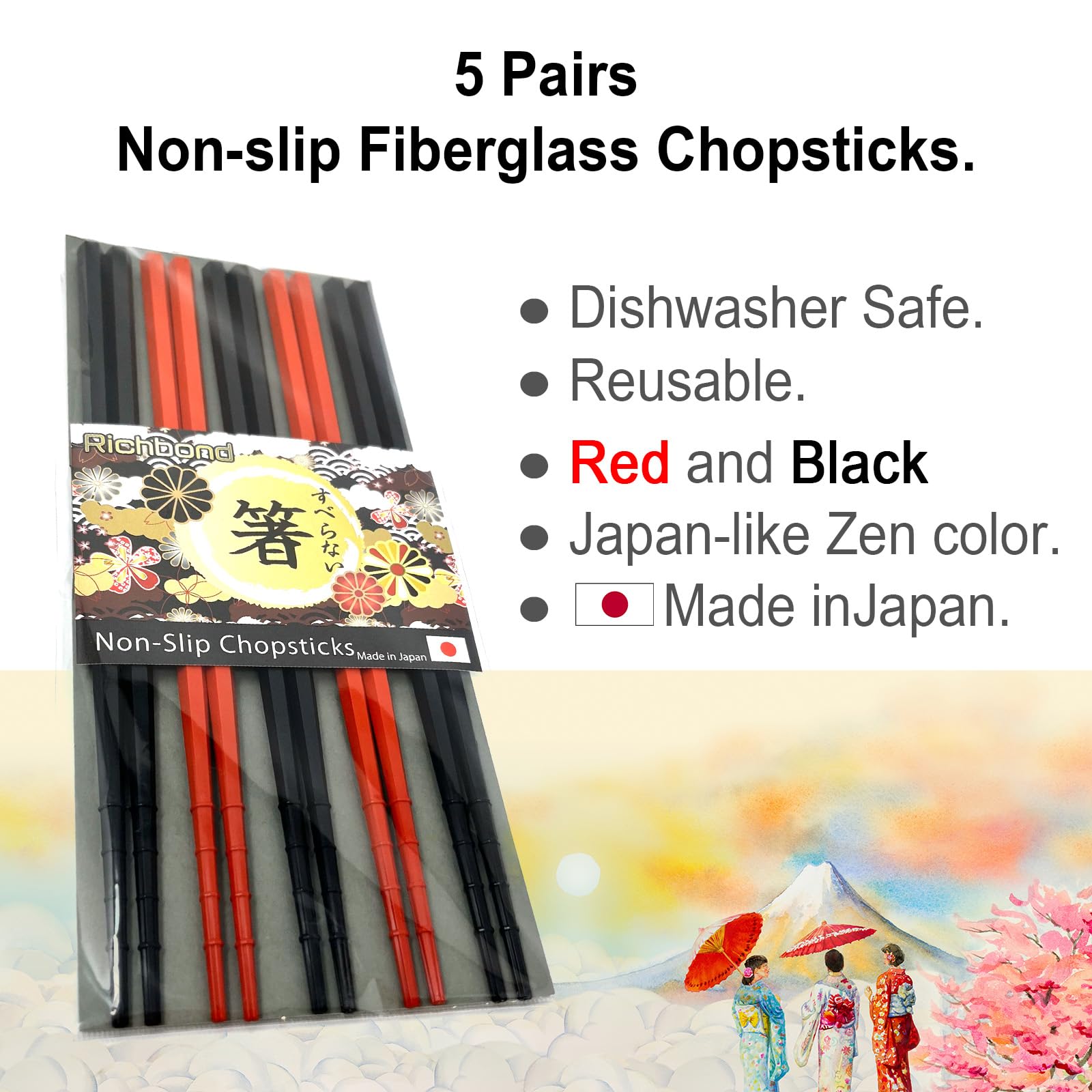 Best Chopsticks for Noodles Ramen Udon Soba Tofu Sushi All Japanese Foods (5pairs set) Made in Japan Non-slip Fiberglass Chopsticks Dishwasher Safe Washable Reusable / Family Hotel Restaurant