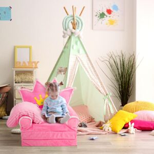 Burbell Toddler Couch 2 in 1 Soft Princess Kids Fold Out Couch with Flannel Blanket Comfy Sofa Bed Toddler Recliners Baby Sofa Bedroom Lounger for Kids 1-3(Pink)