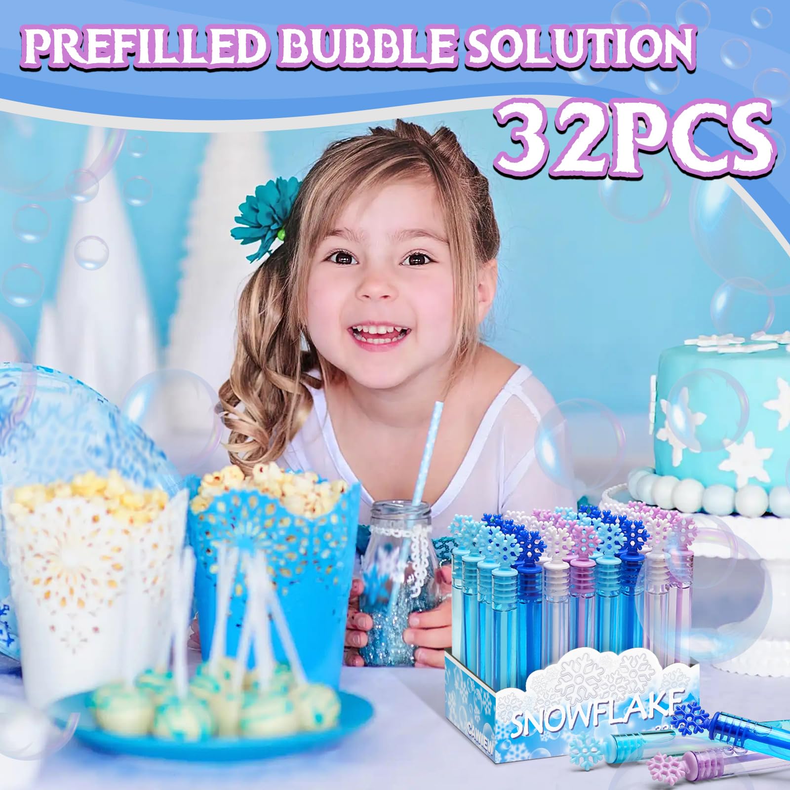 32 Pcs Frozen Bubble Wands Bulk For Kids, 4 Color Mini Snowflake Party Favors, Valentine's Day, Goodie Bag Stuffers, Classroom Exchange Prizes, Birthday Gifts, Pinata, Winter Themed Toy For Girls Boys